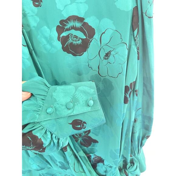 1980s Francesca Of Damon Starington Green Silk Floral Dress Long Sleeve Sz 10 - Picture 3 of 6